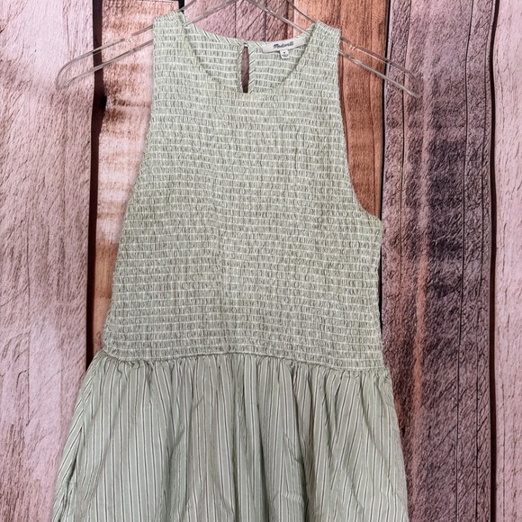 Madewell Smocked Bodice Green Striped Cotton Midi Dress Women's M - Picture 3 of 10